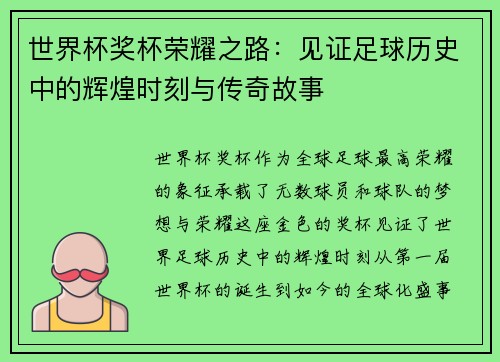 世界杯奖杯荣耀之路：见证足球历史中的辉煌时刻与传奇故事